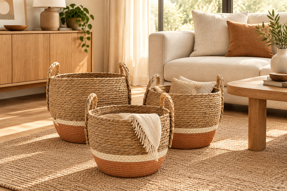 Straw & Seagrass Large Baskets - Natural & Orange- Set of 3-0