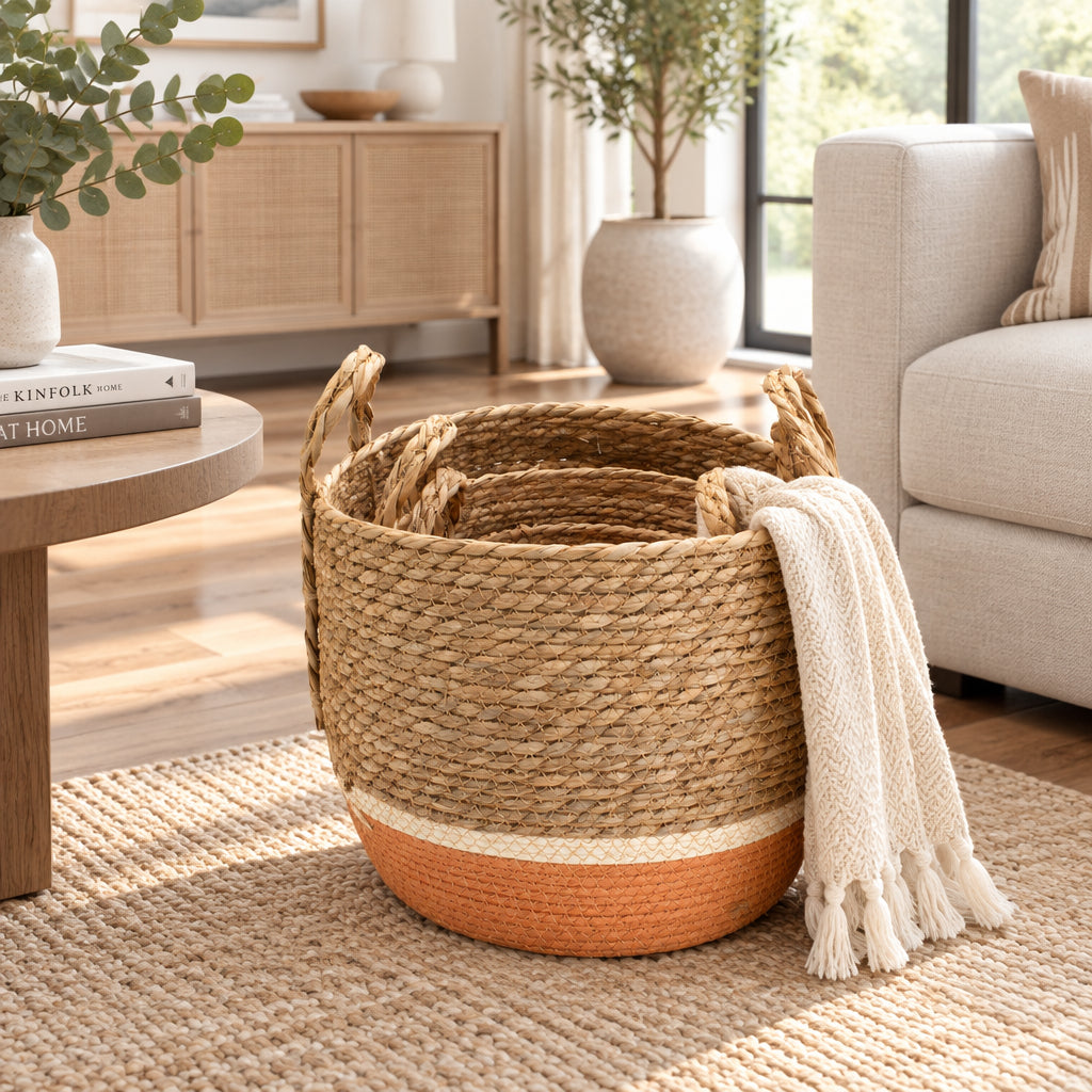 Straw & Seagrass Large Baskets - Natural & Orange- Set of 3-1