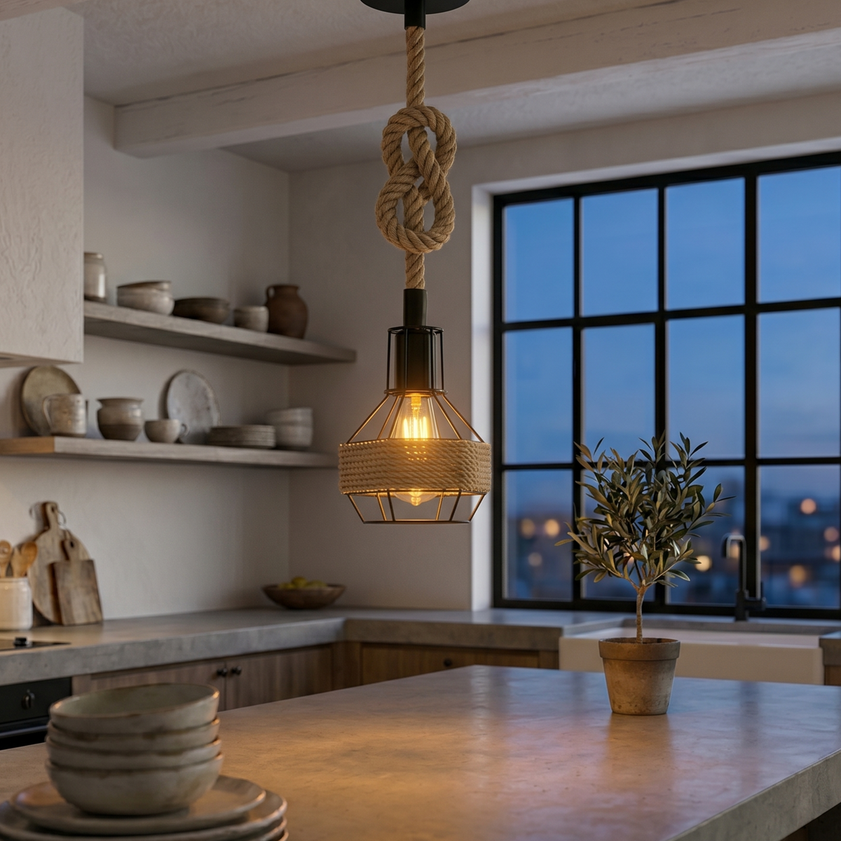Industrial Hemp Rope Pendant Light - Black Cage  E27 Lamp ~ 6203-11