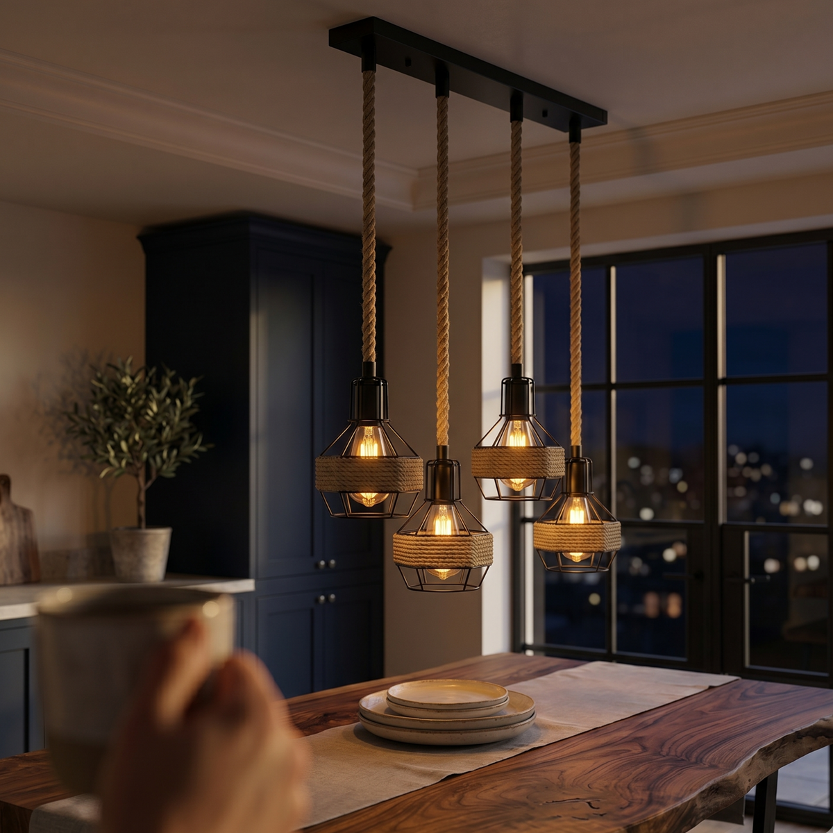 Industrial Hemp Rope Pendant Light - Black Cage  E27 Lamp ~ 6203-0