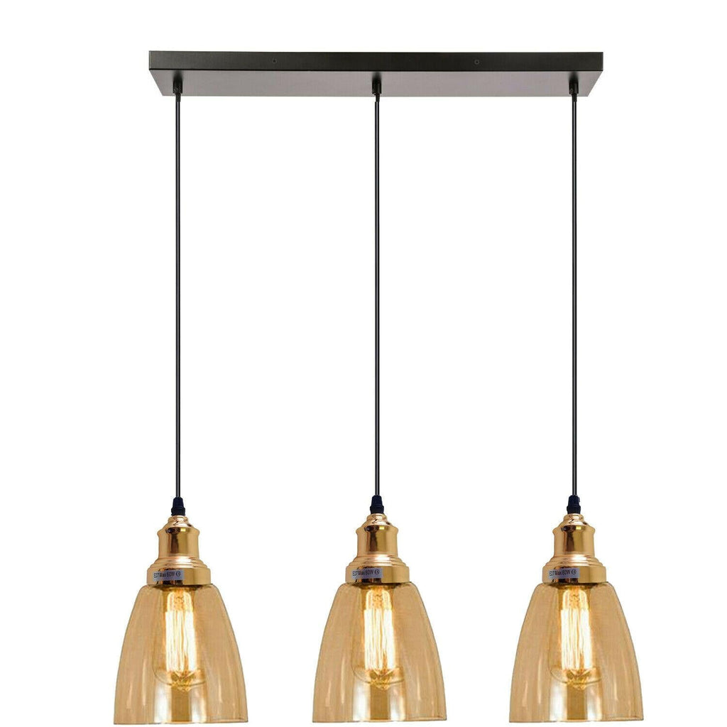 Industrial 3-Light Glass Pendant Triple E27 Amber Bell Cone Fitting home lighting-5