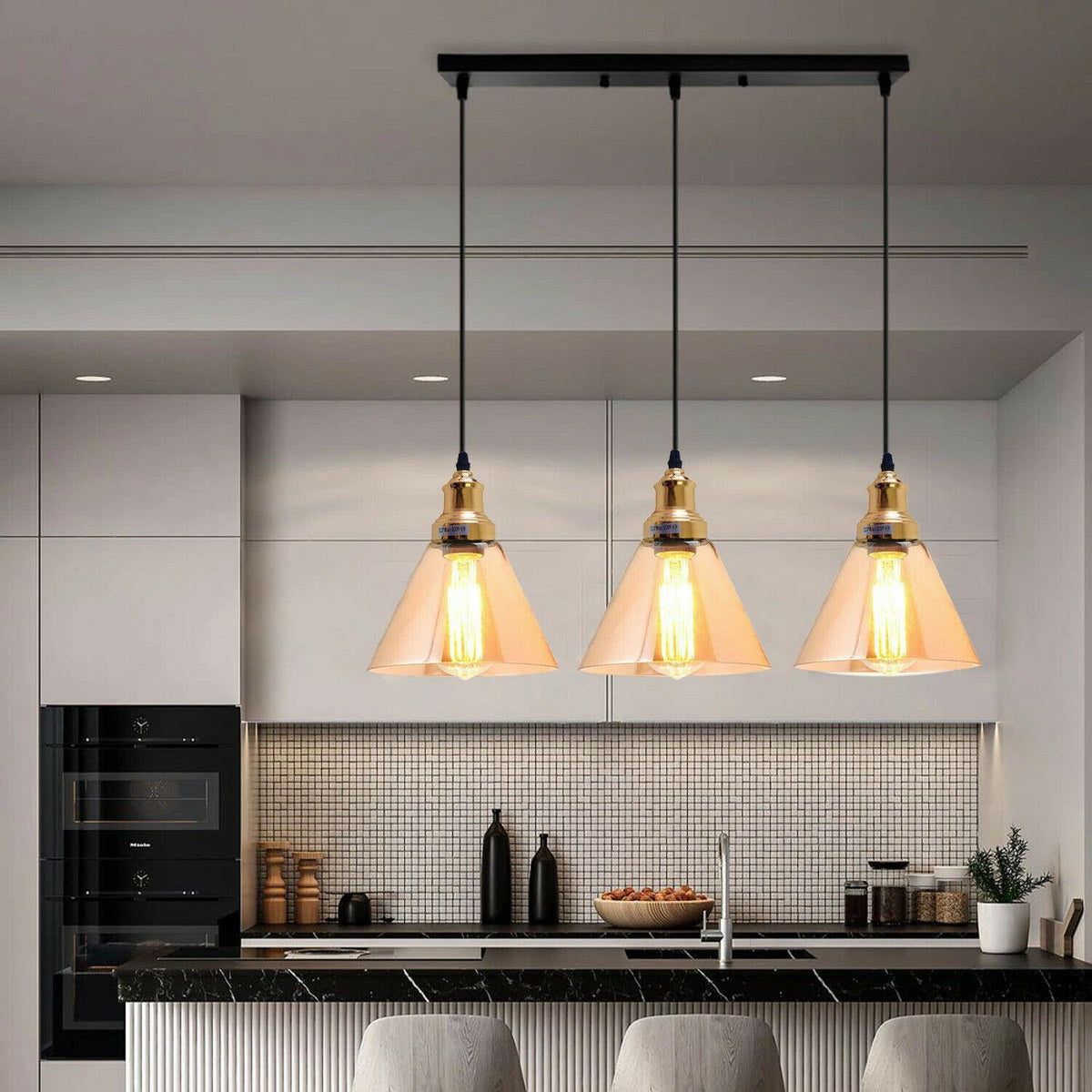Industrial 3-Light Glass Pendant Triple E27 Amber Bell Cone Fitting home lighting-1