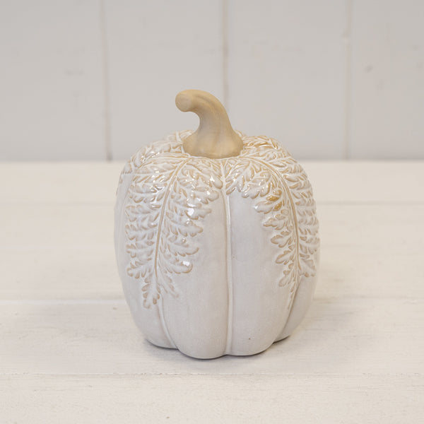 Large Natural Glazed Taller Pumpkin with Oversized Leaves-1