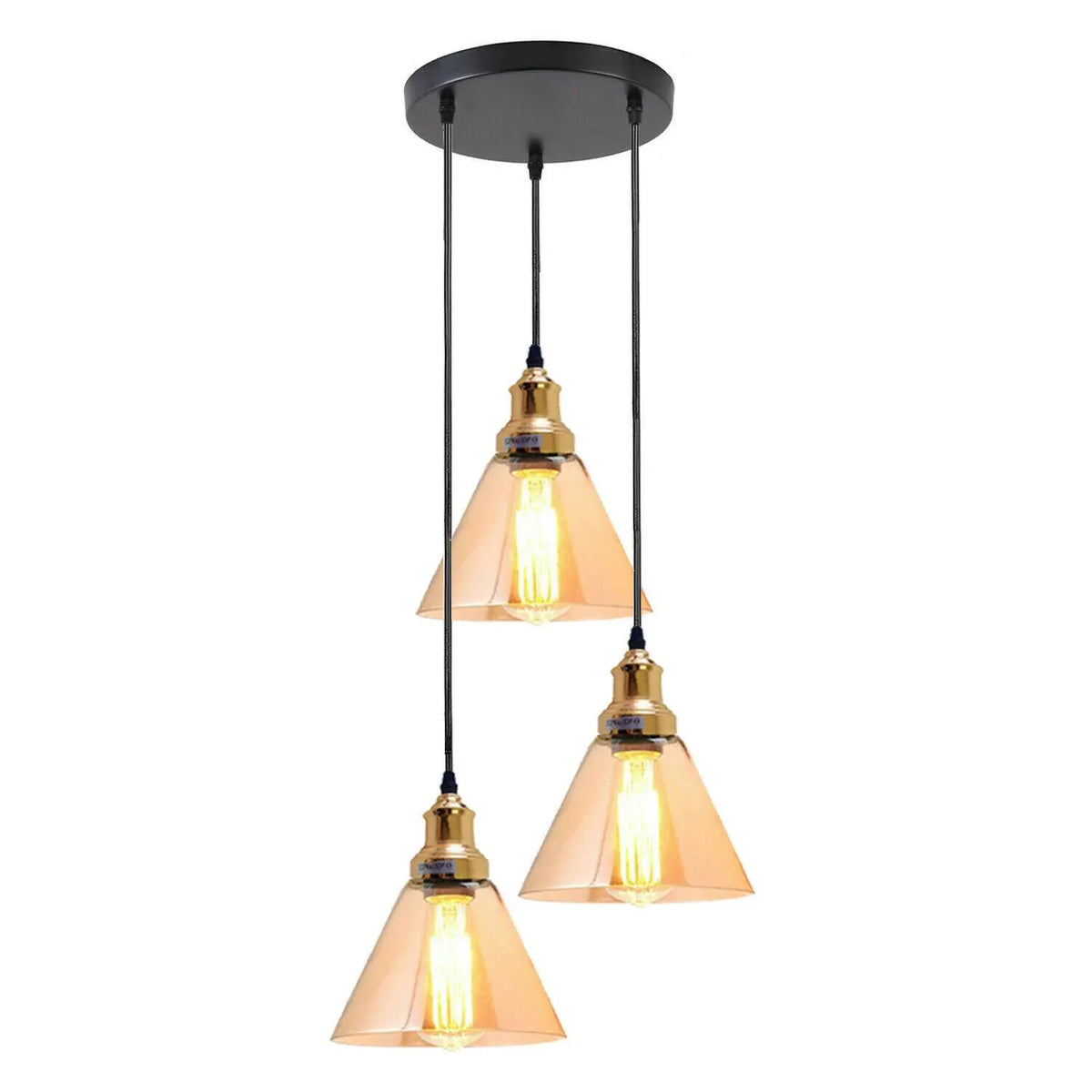 Industrial 3-Light Glass Pendant Triple E27 Amber Bell Cone Fitting home lighting-9