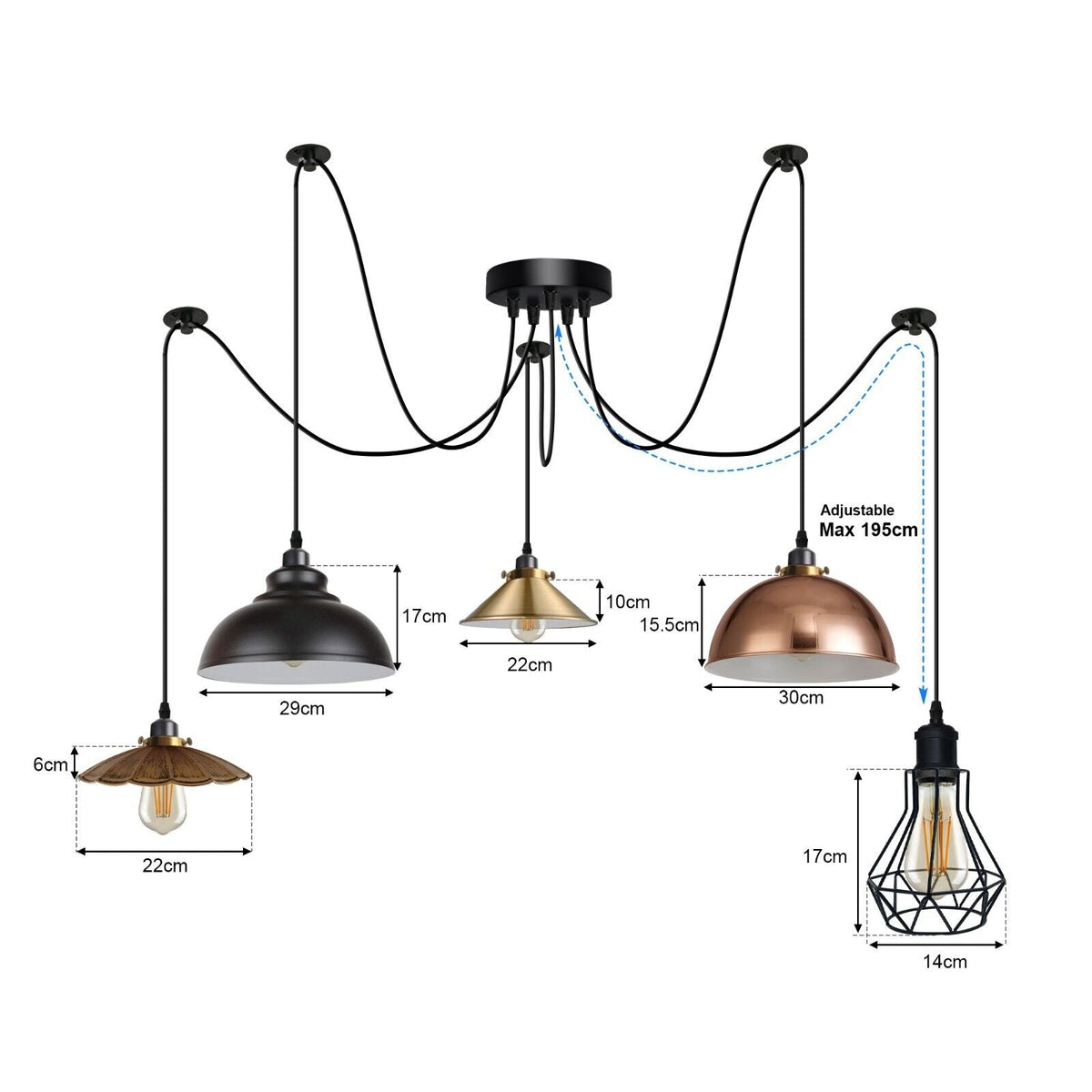 Multiple Arm Pendant Spider Light 5 Bulbs Edison Chandelier ~4463-1