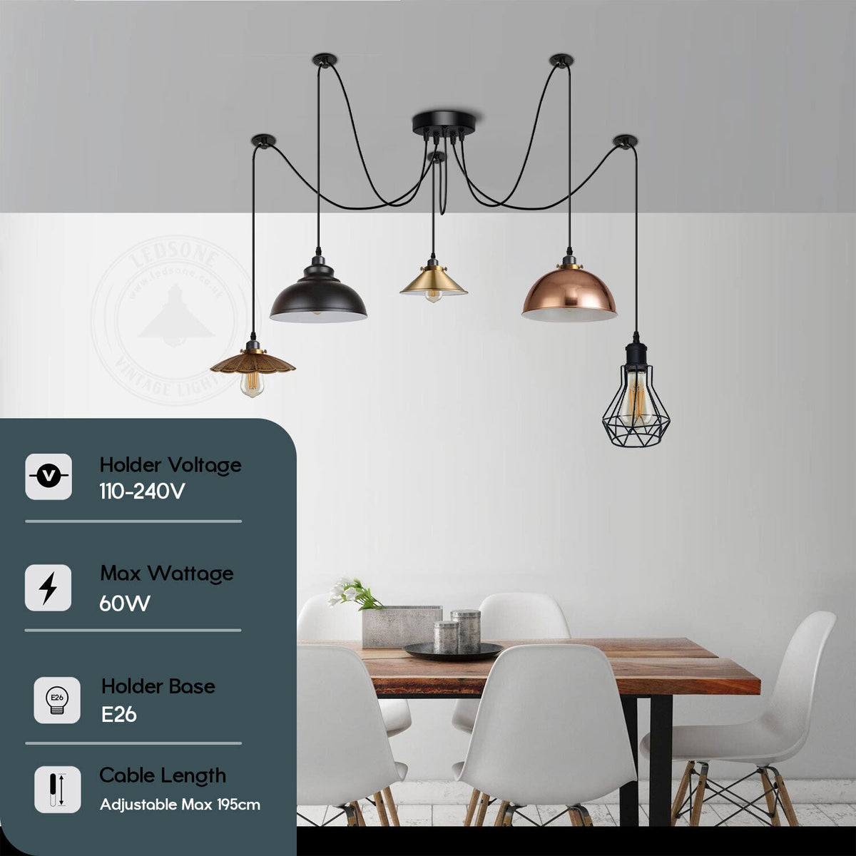 Multiple Arm Pendant Spider Light 5 Bulbs Edison Chandelier ~4463-3