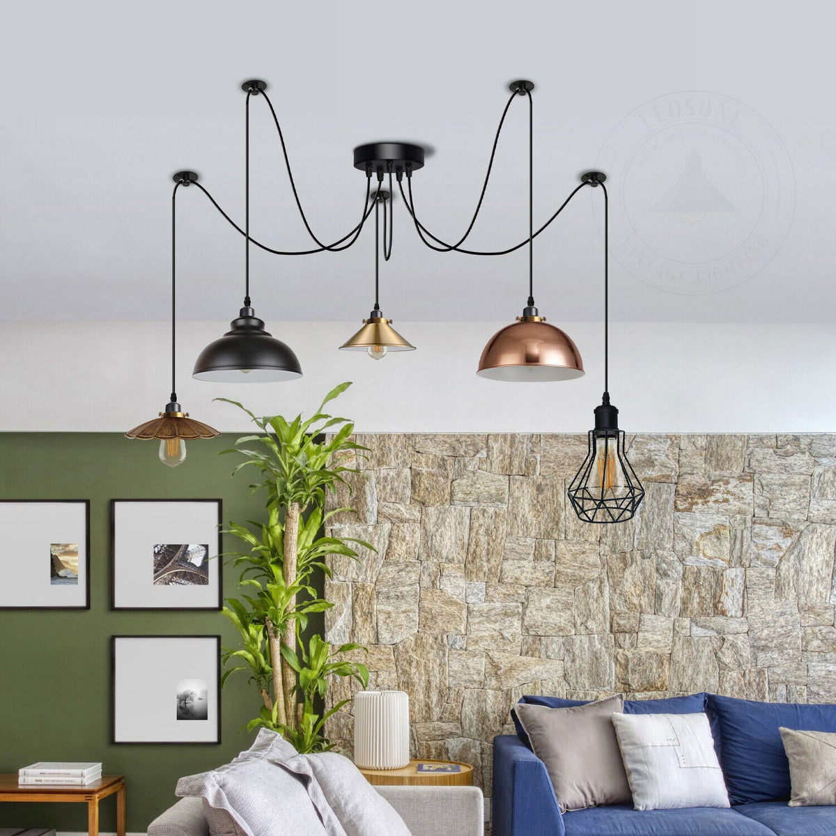 Multiple Arm Pendant Spider Light 5 Bulbs Edison Chandelier ~4463-0