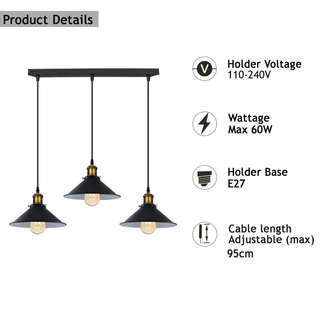 Vintage 3-Light Pendant Lamp Hanging Light Fixture ~1301-3