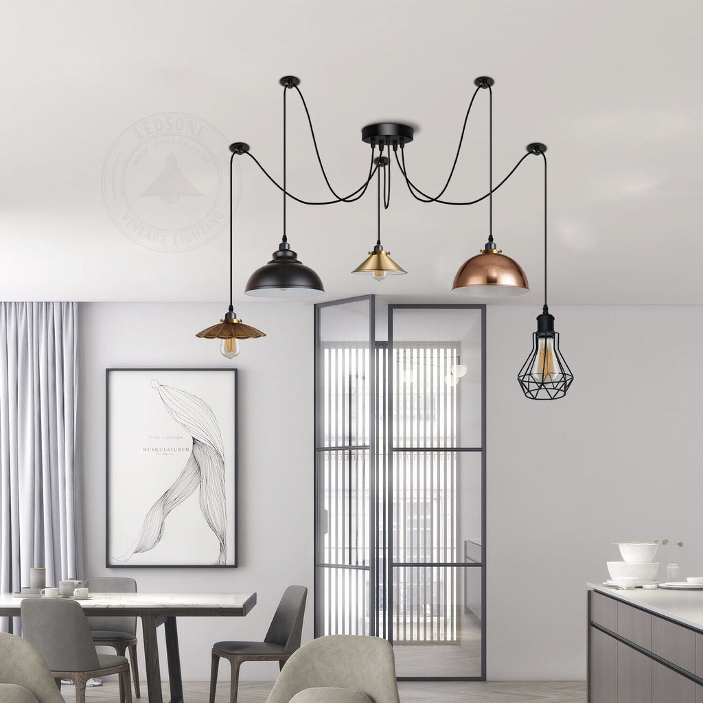 Multiple Arm Pendant Spider Light 5 Bulbs Edison Chandelier ~4463-4