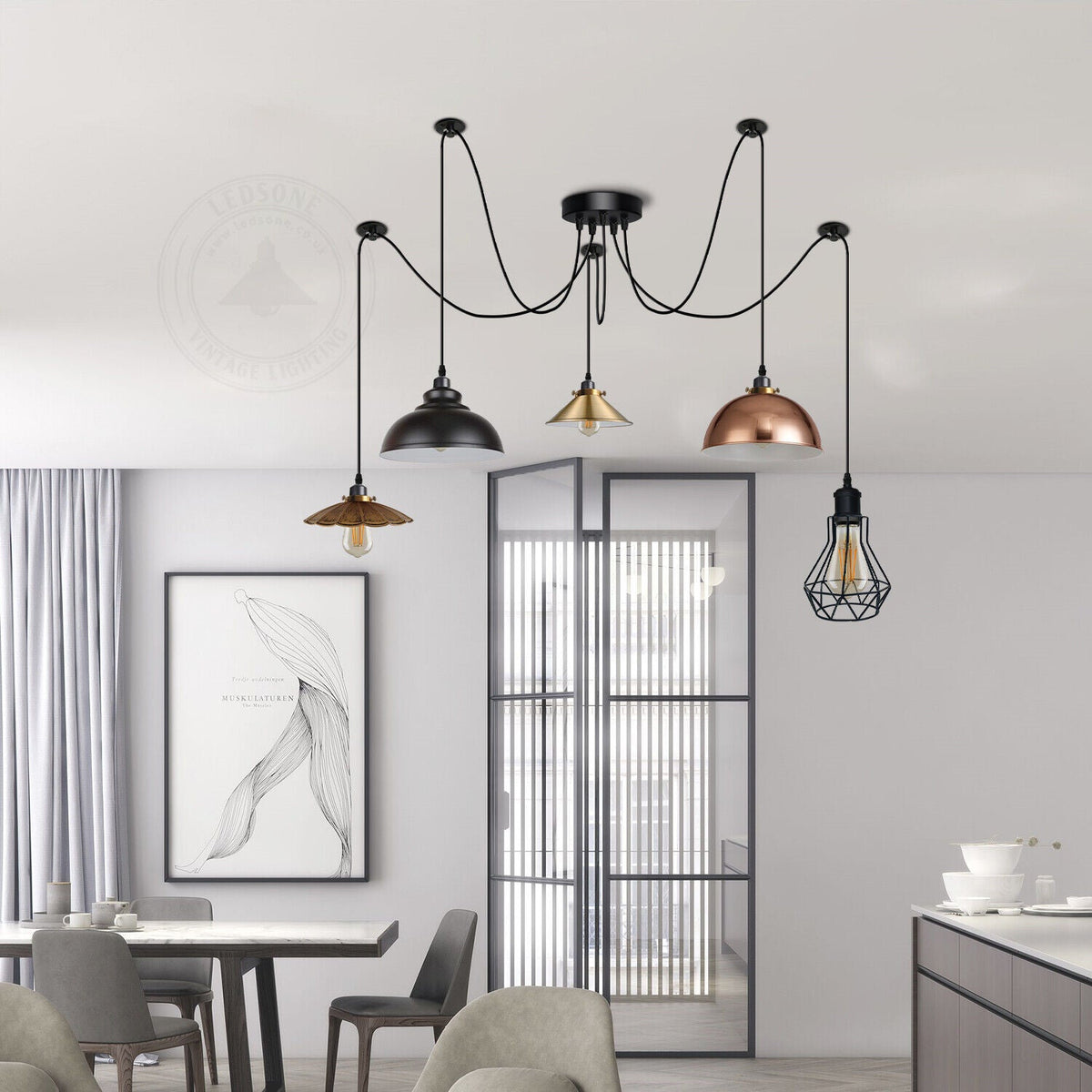 Multiple Arm Pendant Spider Light 5 Bulbs Edison Chandelier ~4463-4
