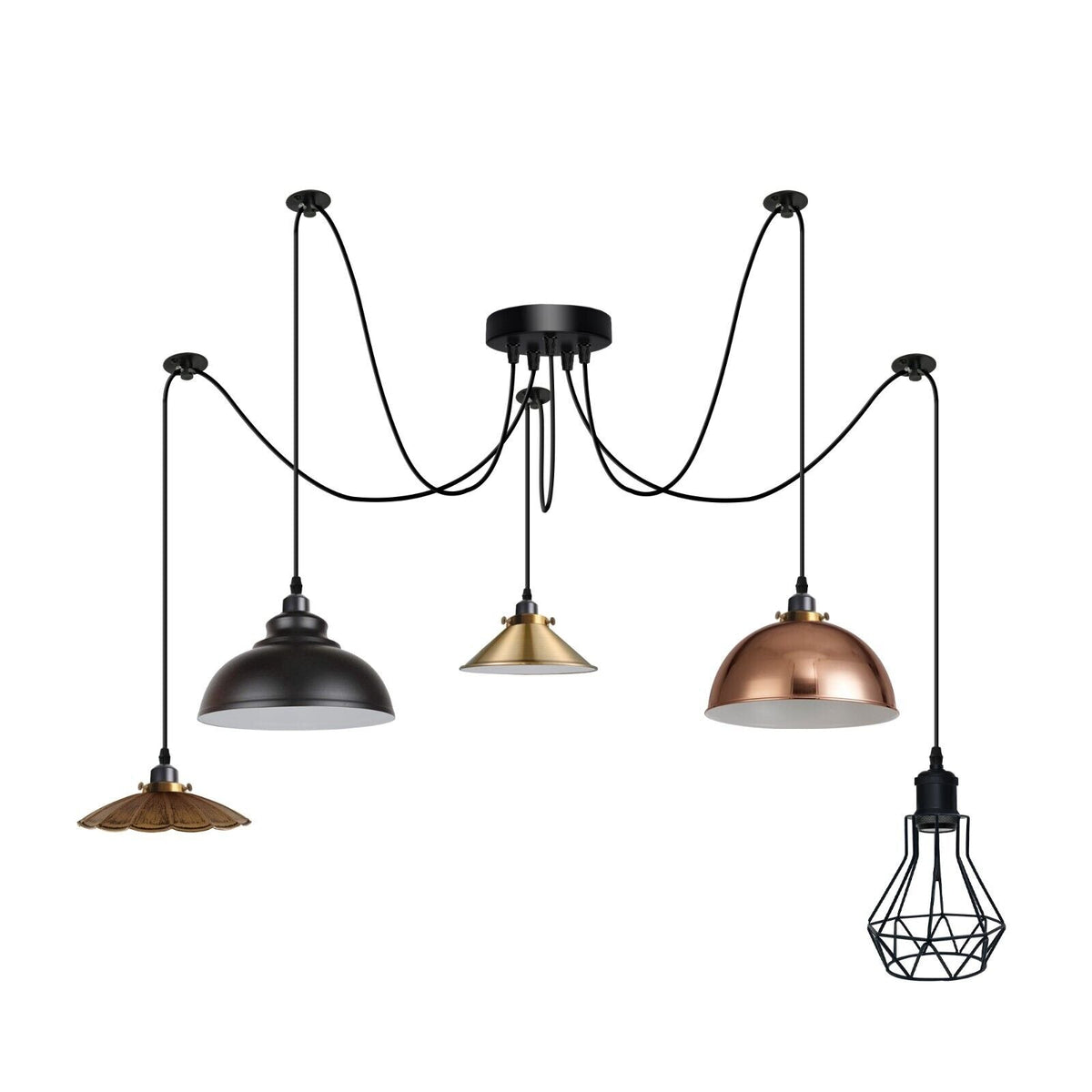 Multiple Arm Pendant Spider Light 5 Bulbs Edison Chandelier ~4463-5