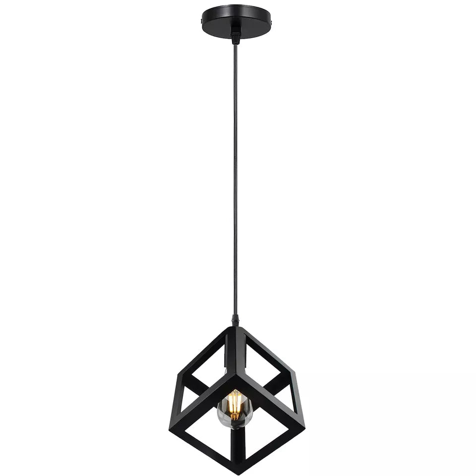 Modern Black Square Cage Pendant Light – Industrial Iron Metal Frame~1987-1