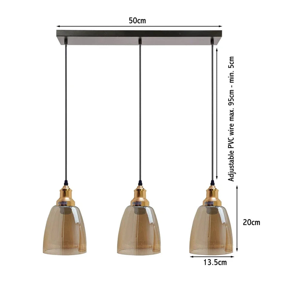 Industrial 3-Light Glass Pendant Triple E27 Amber Bell Cone Fitting home lighting-2