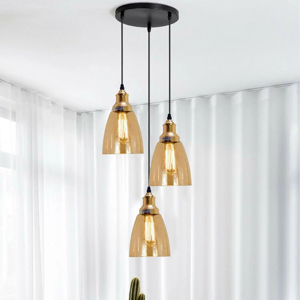 Industrial 3-Light Glass Pendant Triple E27 Amber Bell Cone Fitting home lighting-0