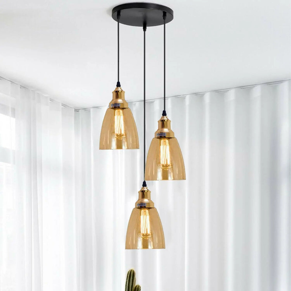 Industrial 3-Light Glass Pendant Triple E27 Amber Bell Cone Fitting home lighting-0