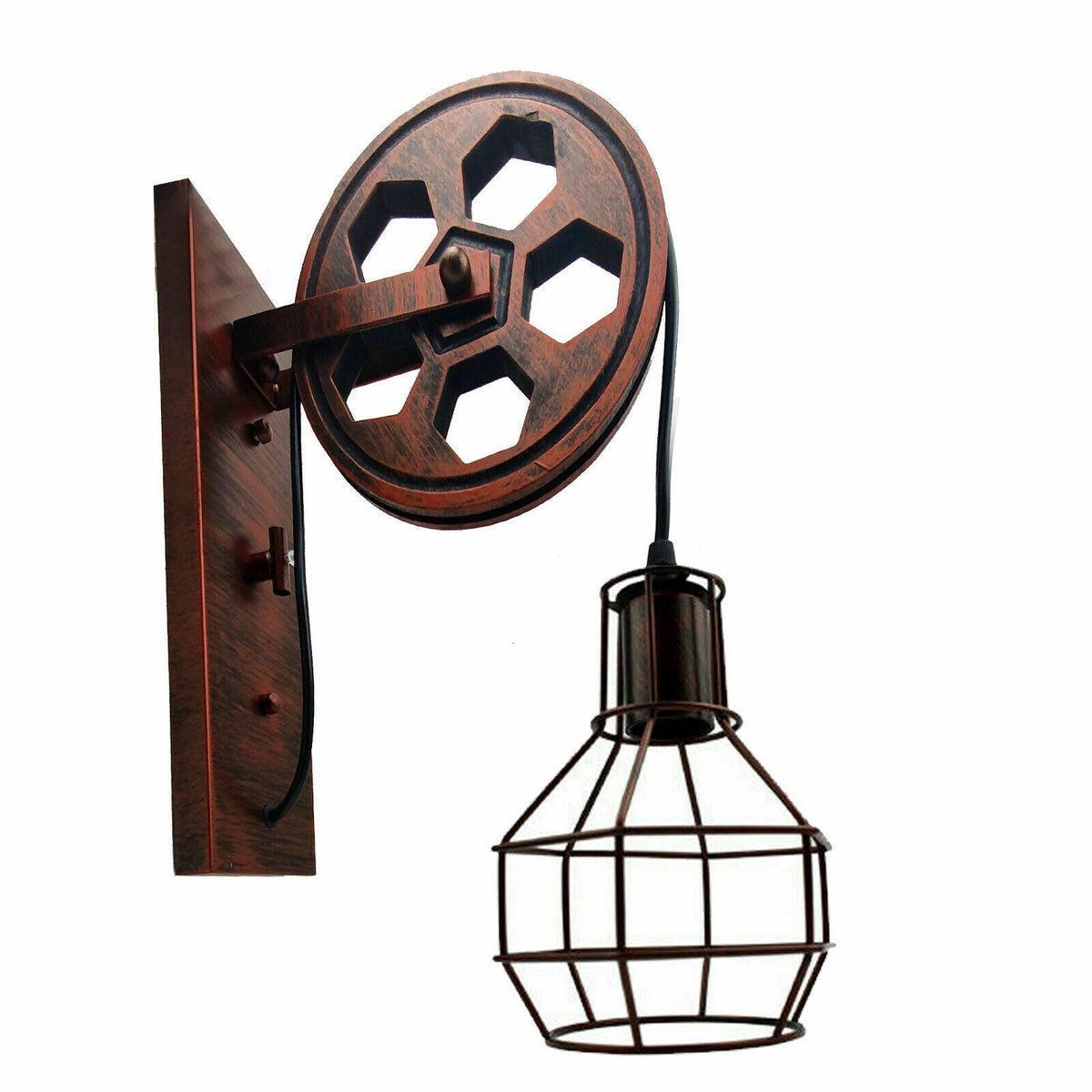 Vintage Industrial Pulley Wheel Cage Wall Lamp~1912-6