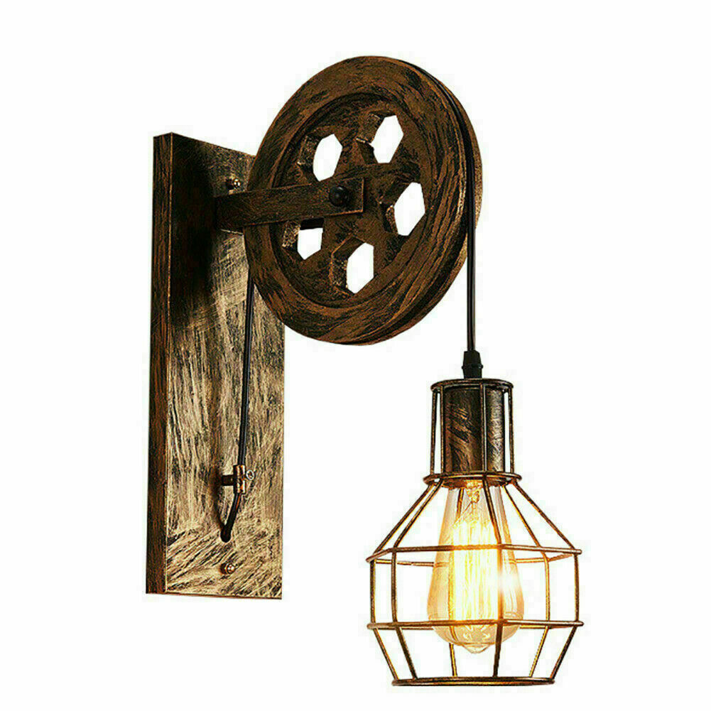Vintage Industrial Pulley Wheel Cage Wall Lamp~1912-5